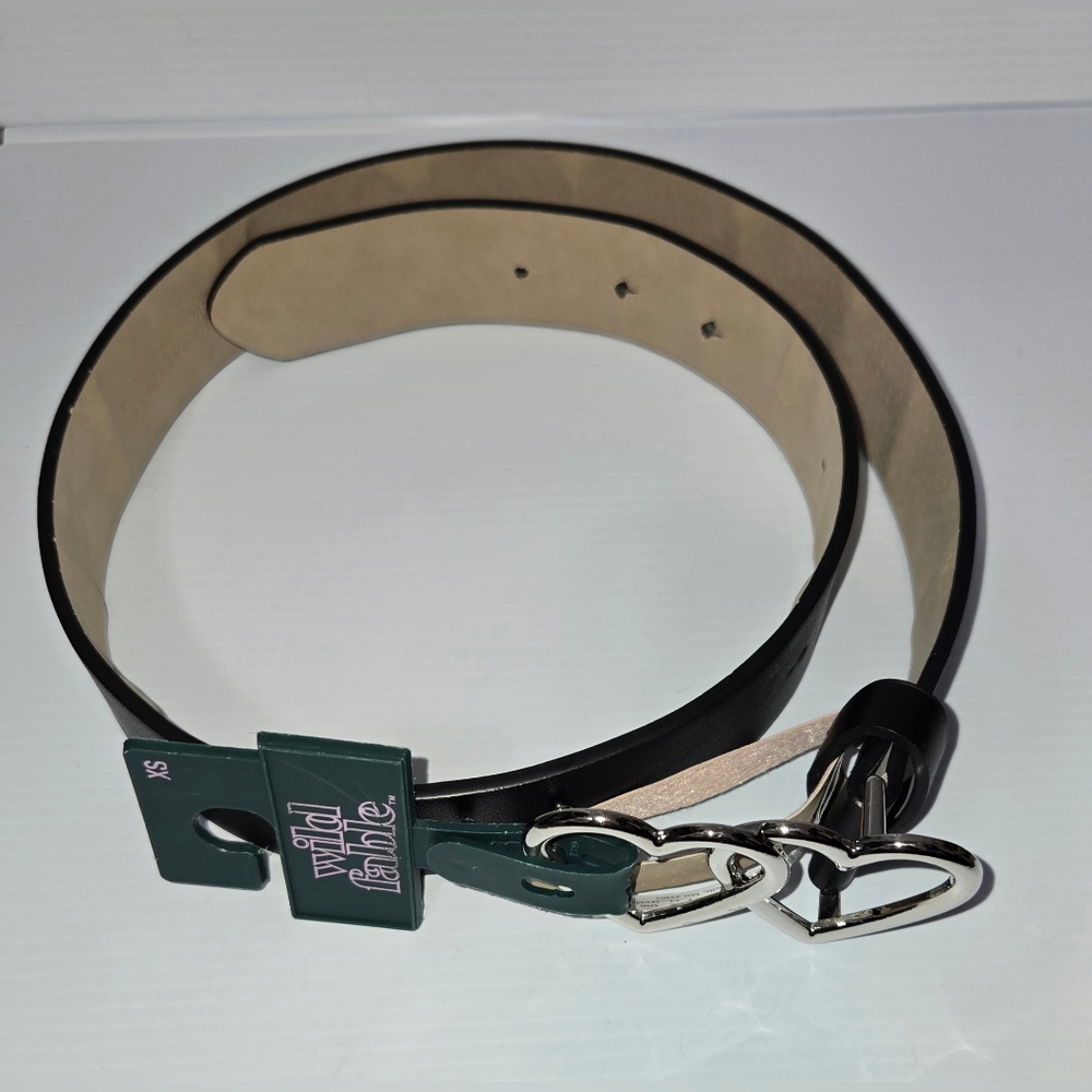 Black Belt with Silvertone Double Heart Buckle Belt, Size XS, New With Tags